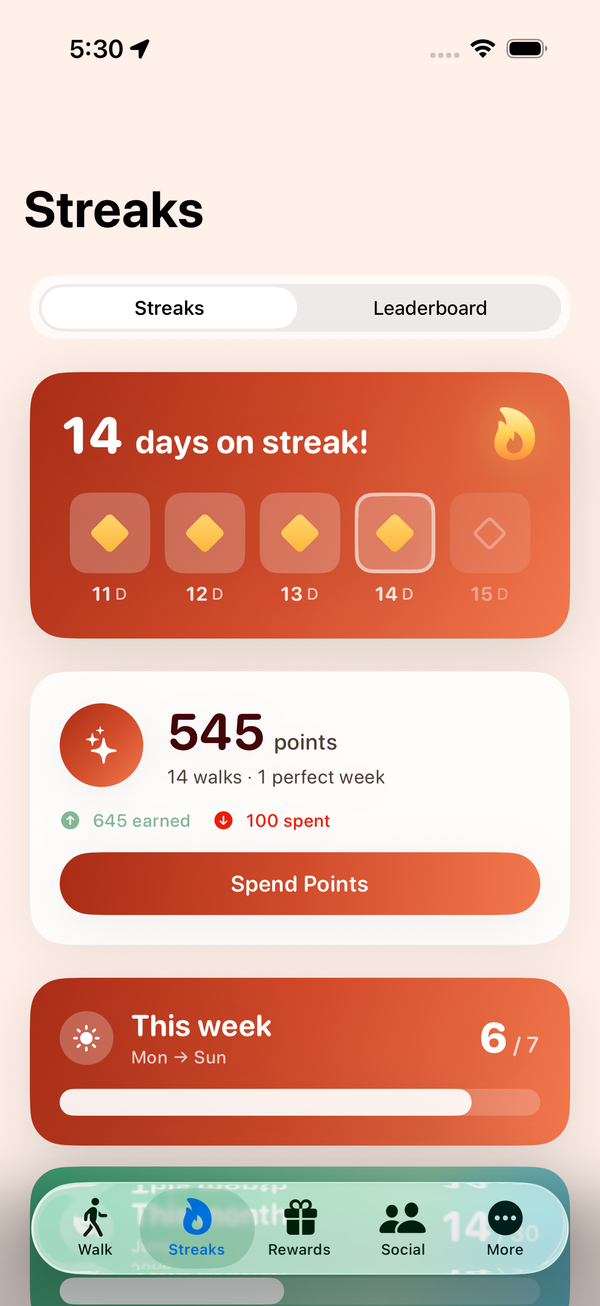Streaks and points dashboard